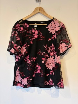 Roman Ladies Blouse. Black with Pink sequened flowers. Size 20.