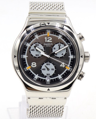 New Swiss Swatch Irony TV Time Steel Mesh Chronograph Watch 43mm YVS453MB $195