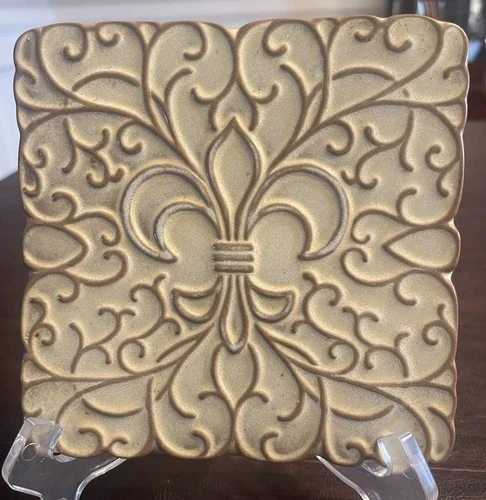 Vintage Frankoma 3TR Pottery Square Fleur-de-lis Scroll Tile Trivet