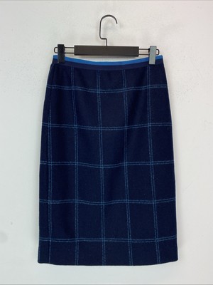 Hobbs Knee-Length Moon Fabric Wool Navy Check Pencil Skirt