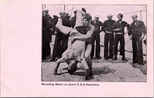 PC4424 USS Battleship US Military WW1 Shirtless Men Man Wrestling Postcard