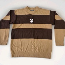 Playboy By Pacsun Mens Brown Striped Sweater Size Medium Bunny Logo STAIN READ