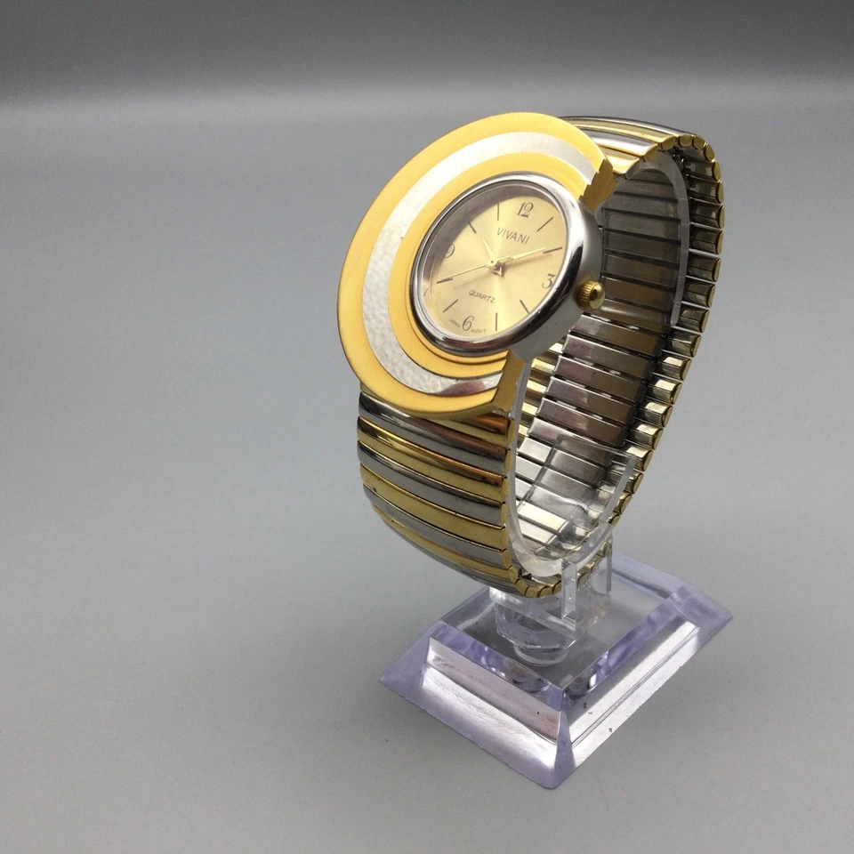 Reloj Vivani Luna Media Luna Mujer 42mm Dorado Tono Plata Banda Elástica Batería Nueva Foto 4 de 4