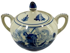 Delft Blauw Holland Hand Painted Sugar Bowl Lidded Windmill Scene EUC