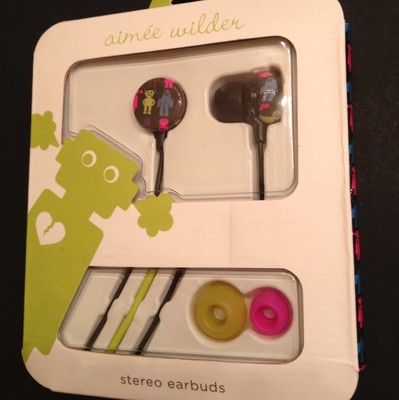 NIP Aimee Wilder High Quality Stereo Earbuds..Neon Robots Design