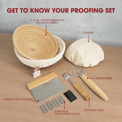 AmiKrafty Bread Proofing Basket Set of 2 with Cloth Liner + Accessories NEW - Picture 2 of 5