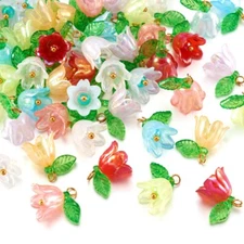 48Pcs 6-Petal Flower Imitation Jelly Acrylic Pendants Charms with Loops 14mm