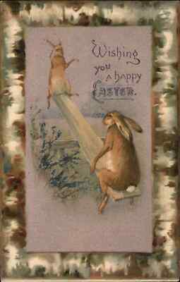 Easter Fantasy Rabbits on SeeSaw Teeter Totter Bark Border c1910 Postcard