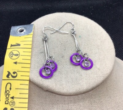 Vintage Silver Tone Costume Purple Plastic Hoop Rhinestone Drop