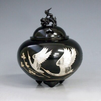 Maki-e Koro Japanese Bronze Incense burner Takaoka Twine Crane Carved Japan F/S