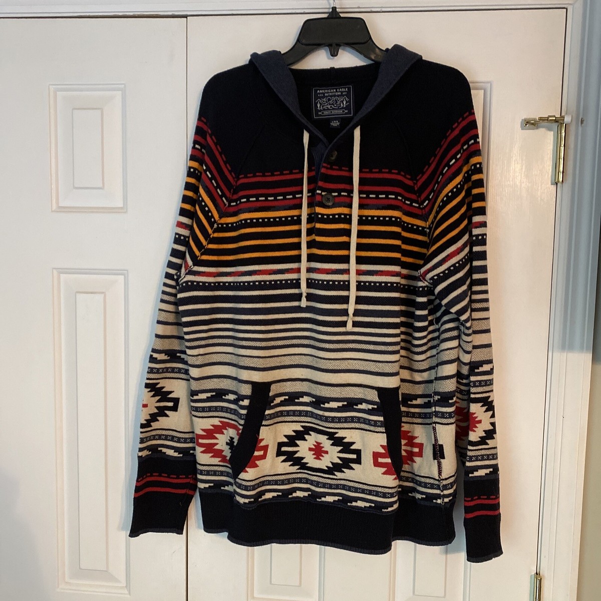 American Eagle Outfitters Mens Hoodie Sweatshirt Navy Gray Aztec Pocket  Button L
