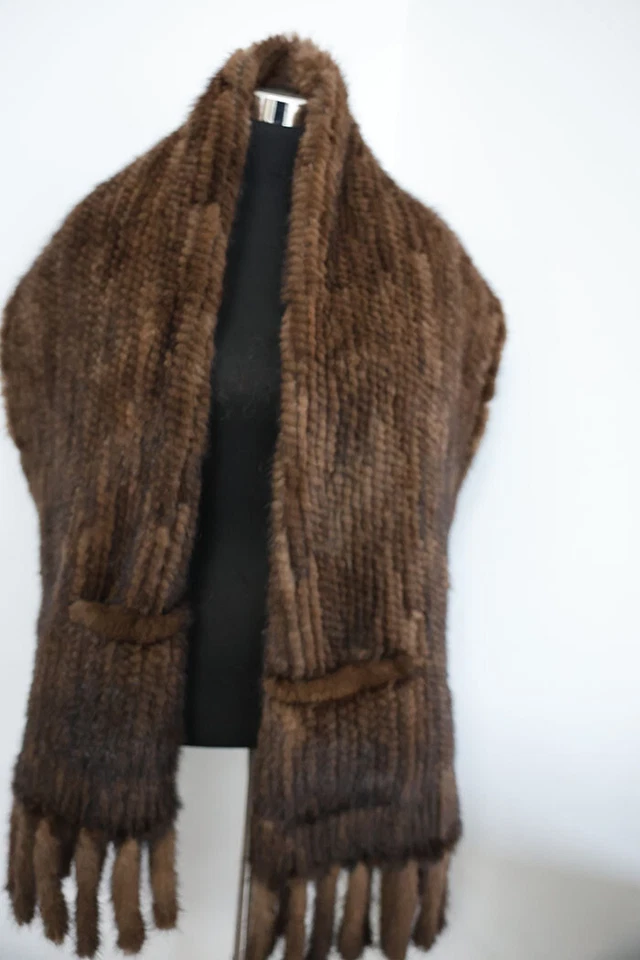 Knit 100% real mink fur cape / scarf 200*58 cm brown neck wrap / women shawl - Image 4 of 4