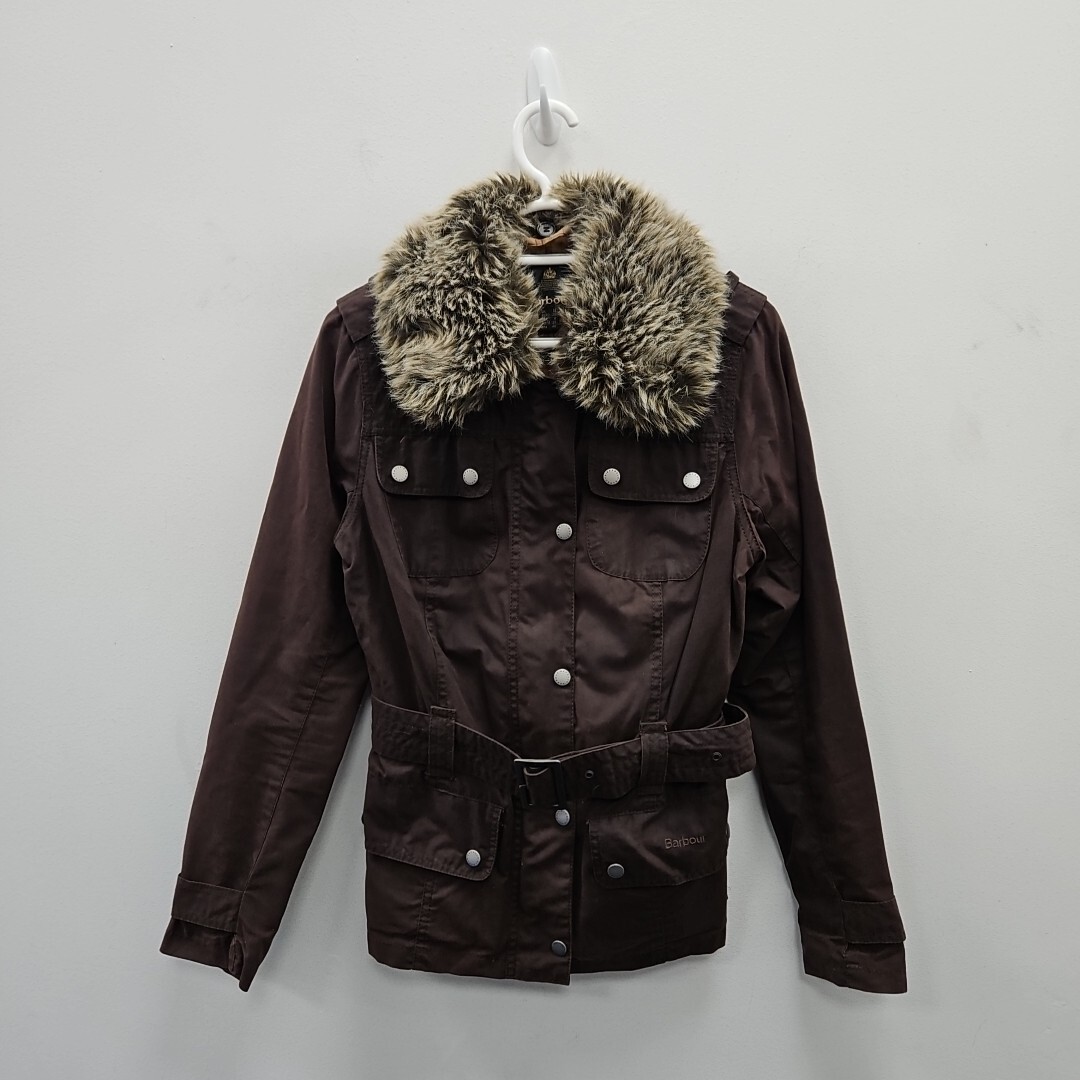 Barbour Piston Wax Waterproof Utility Brown Belt Fur Collar Coat