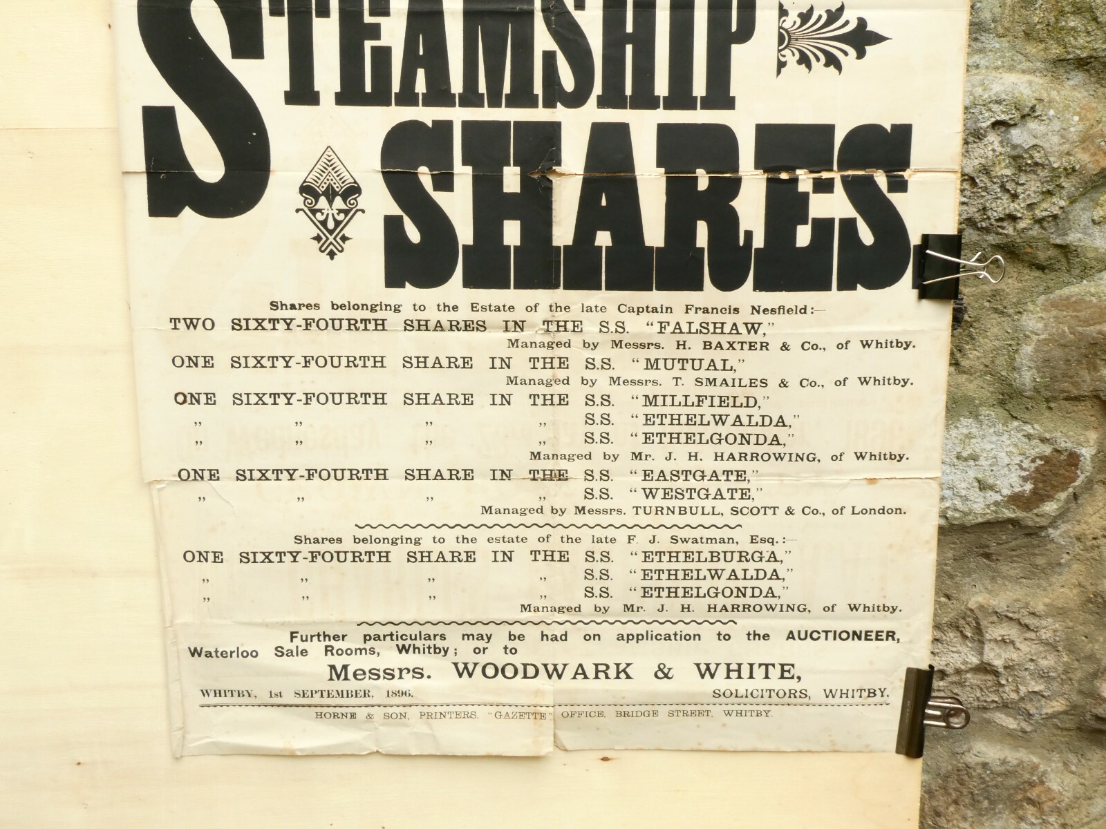 1896 Whitby Auction Poster Steamship Shares Captain F Nesfield