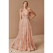 Mac Duggal Ruffle Tiered Floral Cut-Out Chiffon Gown Pink Multi Size 6 NWT