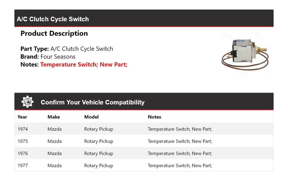 Interruptor de ciclo de embrague de aire acondicionado para camioneta giratoria Mazda 1974-1977 4 estaciones 1975 1976 Foto 2 de 4