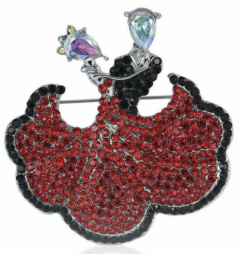 Dancing Couple Ballroom Austrian Rhinestone Crystal Brooch Pin Black & Red P60B - Afbeelding 1 van 4