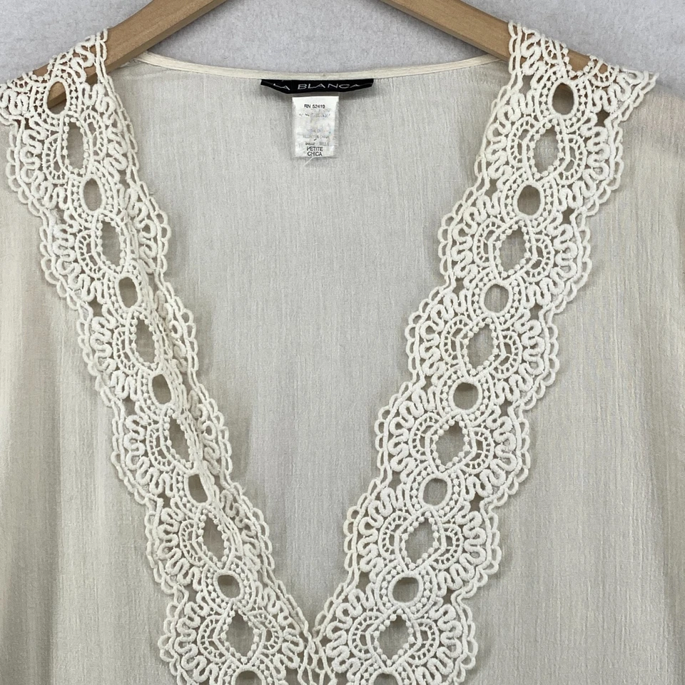 LA BLANCA Tunic PM Gauze Lace Trim Cover Up Deep V-Neck 3/4 Sleeve Off White - Image 4 of 4