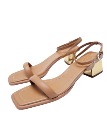 Zara Sandals Women Size 41 US 10 Tan Strappy Gold Block Heel