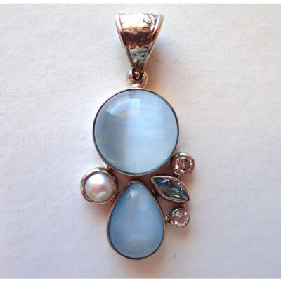 NEW Selenite Blue Topaz Pearl Crystal Pendant Sterling Silver STARBORN Creations