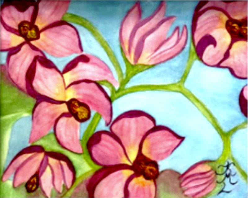 PAINTING WATERCOLOR  ART ORCHID FLOWER PINK BLUE GREEN 11x14 & DOUBLE MAT 16X20