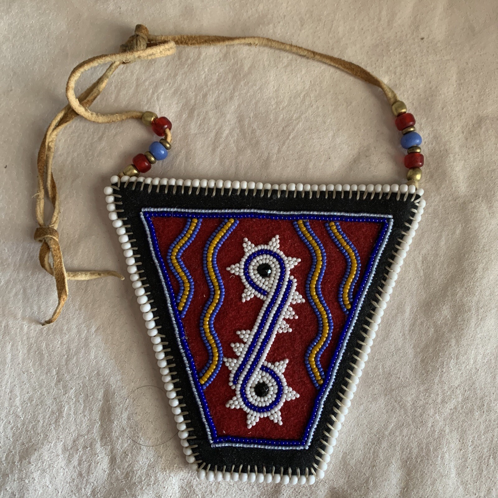 native american leather beaded statement amulet t… - image 1