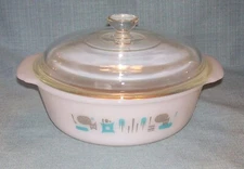 Vtg Fire King BLUE HEAVEN Casserole - 8" Round 1 QT AtomicTurquoise Gray w/ Lid