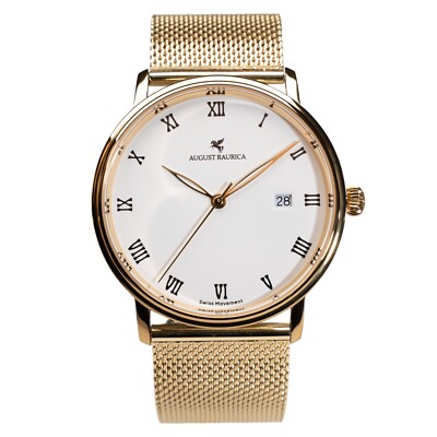 Luxury Men's Quartz Watch Swiss 40mm Gold Case White Dial Italian Leather Strap