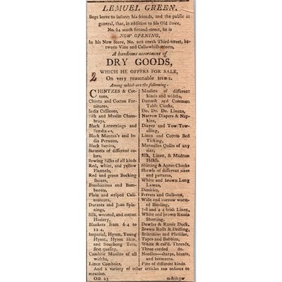 Lemuel Green Dry Goods Chintzes & Cottons 1806 Philadelphia Clipping SAJ6-1