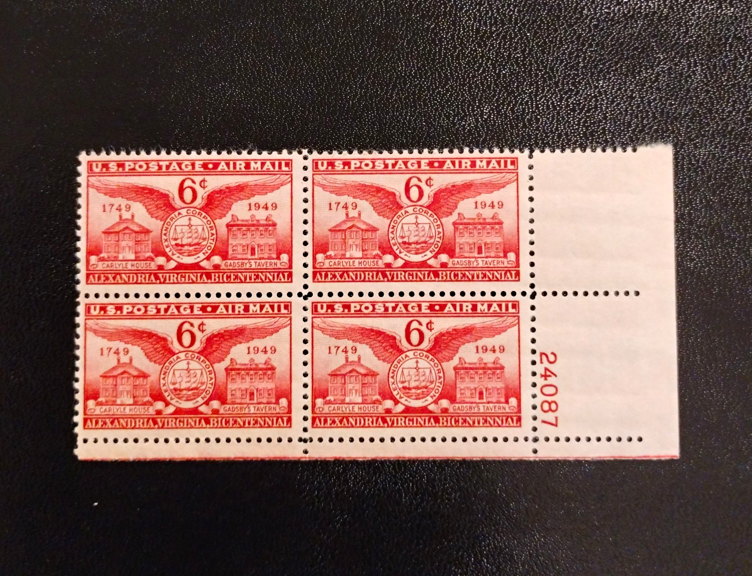 United States Alexandria VA Bicentennial 6¢ Red Air Mail Plate Block 4 MNH 1949