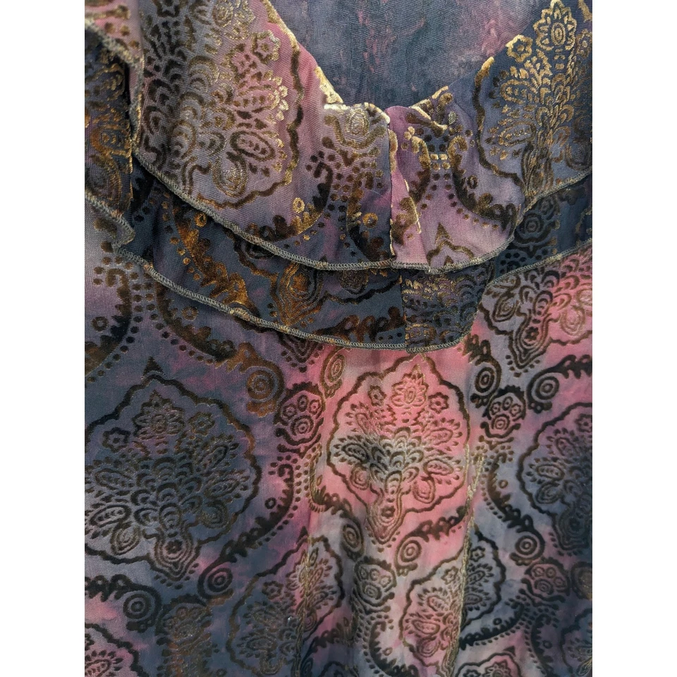 Top Y2K Mujer Grande Marrón Manga Larga Terciopelo Burnout Floral Volantes Cuello en V Top Foto 4 de 4