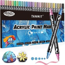 28 Metallic Colors Acrylic Paint Markers, Dual Tip Acrylic Paint Pens for Rock P