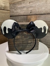 Disney Glow In The Dark Black Glitter White Minnie Mouse Ears Headband