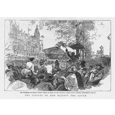 Indische Prinzen bei der Queen Victoria Jubiläumsprozession - antiker Druck 1887