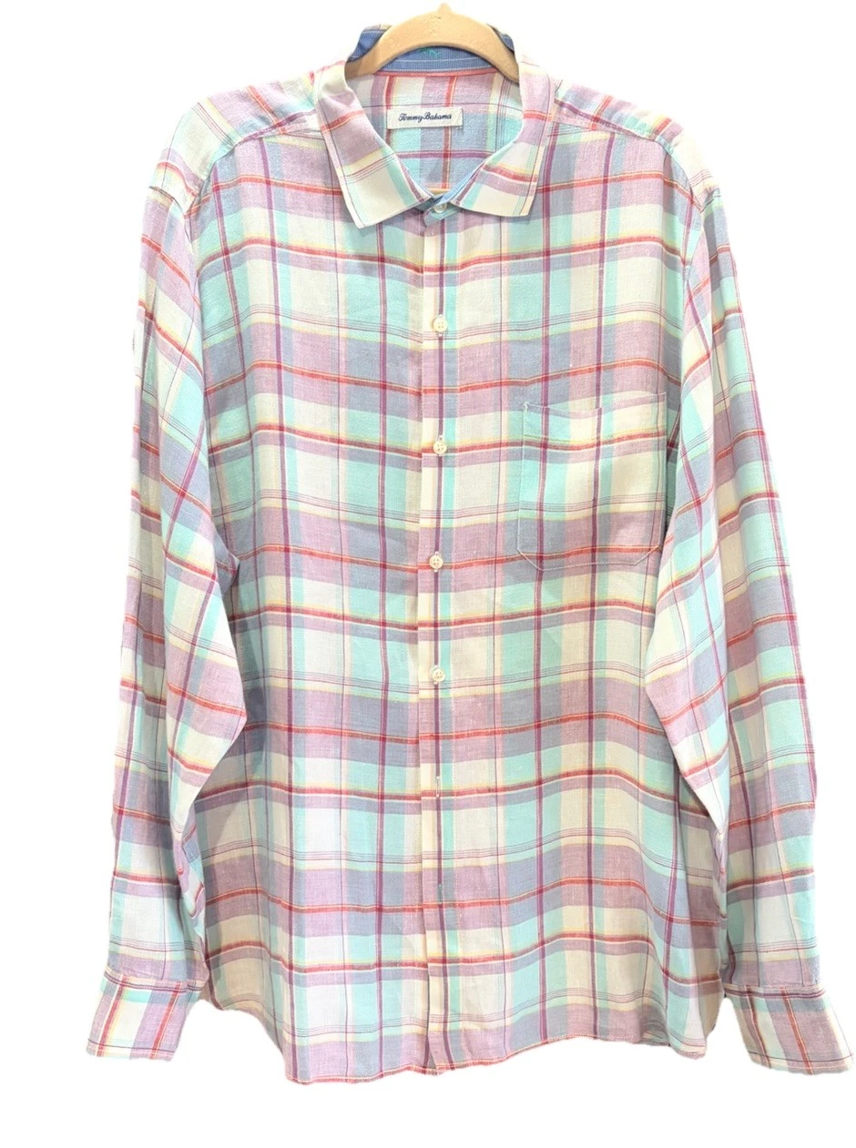 Tommy Bahama Mens Plaid Linen Blend Long Sleeve Button Down Shirt XL