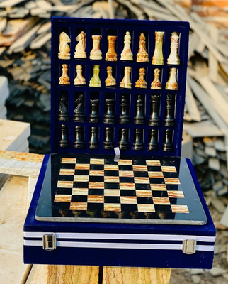 12-Inch Handcrafted Marble Chess Set with Blue Velvet Gift Box Black Multigreen