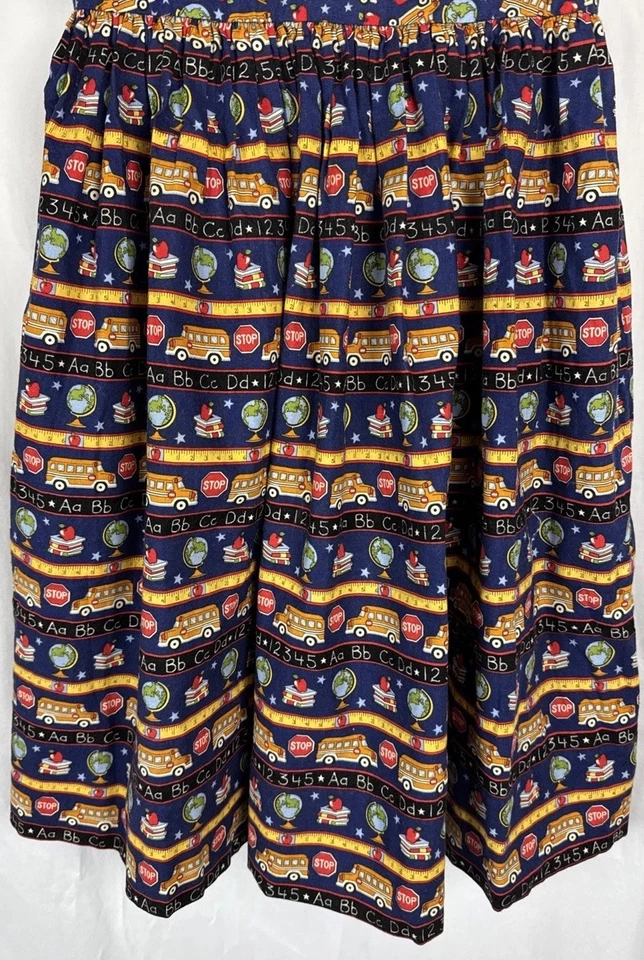 School Themed Handmade Jumper Dress Bus Globe Apples Books Navy Girl’s Size 10 - Image 3 of 4