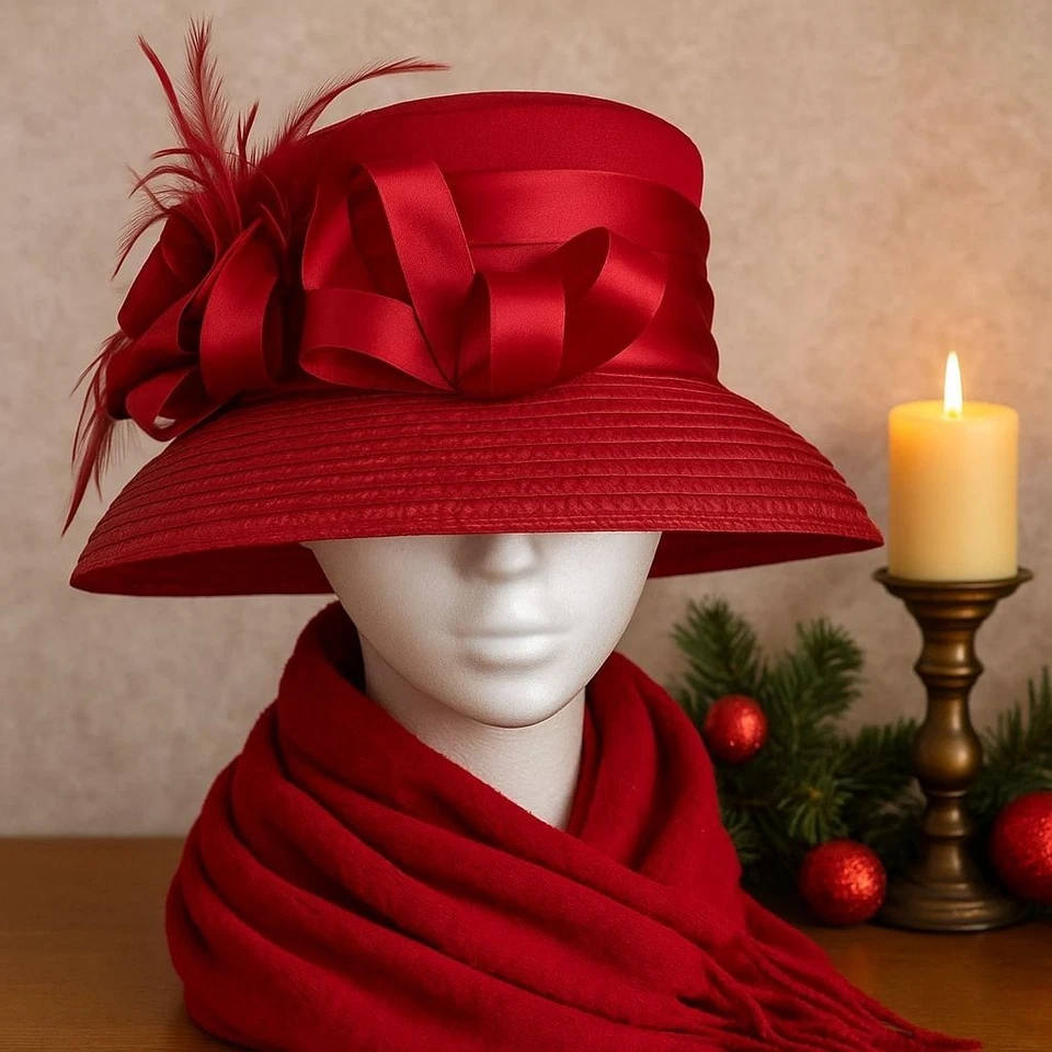 Sombrero de paja rojo ala ancha de colección elegante iglesia dominical moda cinta satinada plumas Foto 2 de 4