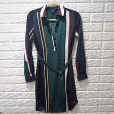 Tommy Hilfiger Burgundy Navy Striped Shirt Dress Collared Belted Knee Length S/P
