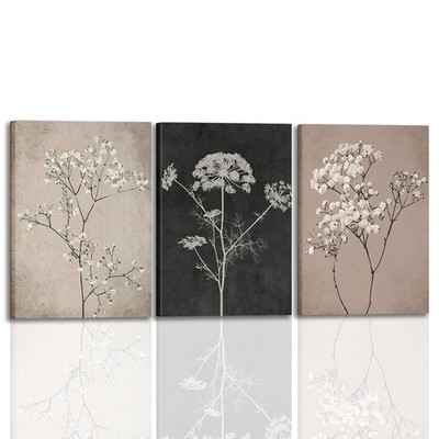 Neutral Floral Wall Art set of 3 Framed Beige Botanical Canvas Prints, Minima...