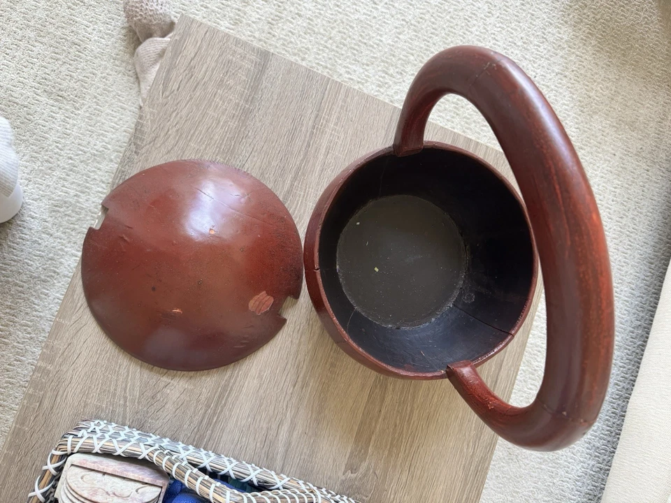 Antigua cesta de ofrenda de laca birmana roja marrón caja de mango de bambú Myanmar Foto 4 de 4