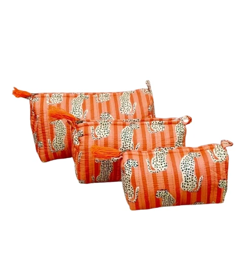 Indian Orange Tiger Cotton Quilted Toiletry Purse Cosmetic Storage Bag Of 3 Pcs