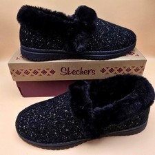 Skechers Cozy Lite Sweet Walk Slippers Womens 8 Black Faux Fur Memory Foam