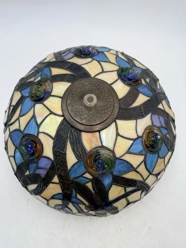 Vtg Tiffany-Style Dragonfly Stained Glass Lampshade Raised Rose Florets 16" x 8"