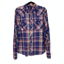 Vintage Western Shirt Snap Front Long Sleeve Mens Size Large Blue Red Plaid