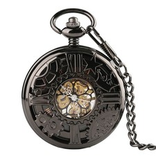 Industrial Steampunk Gear Theme Mechanical Pocket Watch Roman Dial w/ Chain Gift