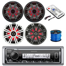 Kenwood Marine Bluetooth Radio, 2x 8"  6.5" LED Speakers w/Grille, Remote, Wire