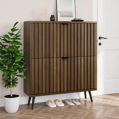 Stylish Walnut Shoe Cabinet with 2 Flip Drawers for Entryway & Hallway