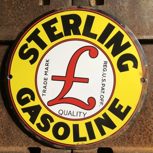 VINTAGE STERLING GASOLINE QUALITY PORCELAIN ENAMEL PETROLIANA GAS PUMP SIGN