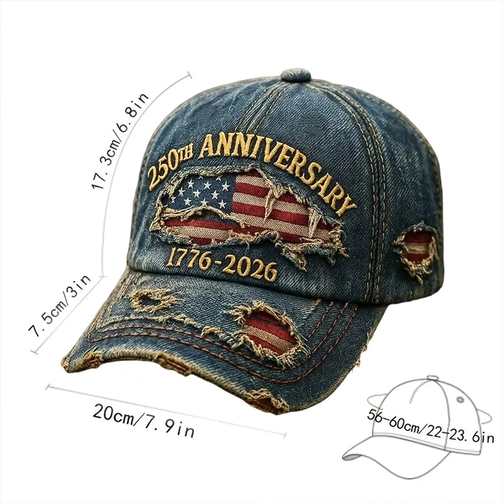 250th US Anniversary Patriotic Baseball Cap - Washed Denim Hat 1776-2026